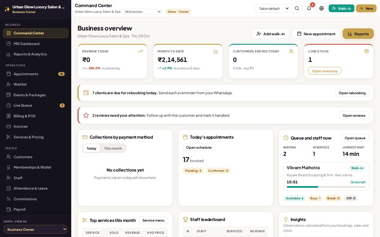 The GlowStack owner dashboard.