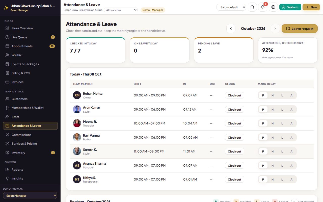 The GlowStack attendance register for the month.
