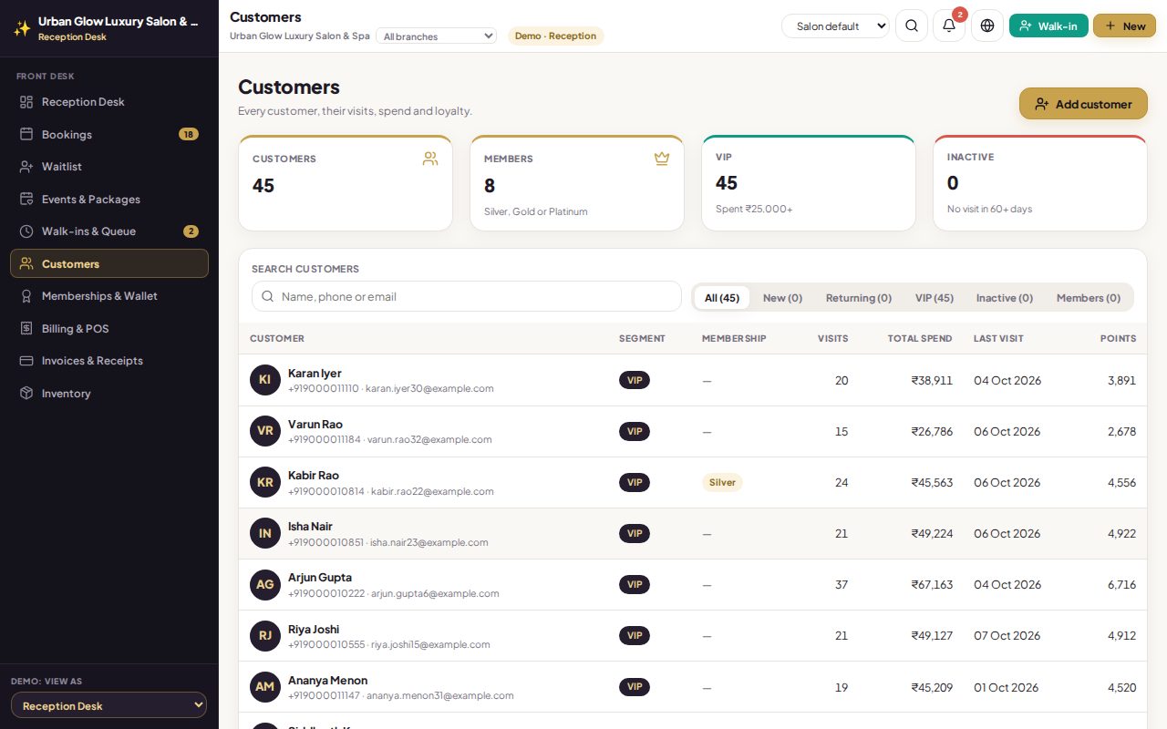 The GlowStack customers screen with segment tabs and a list of customers.