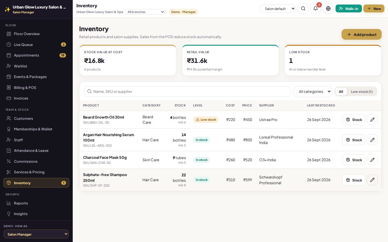 The GlowStack inventory screen with one product flagged as low stock.