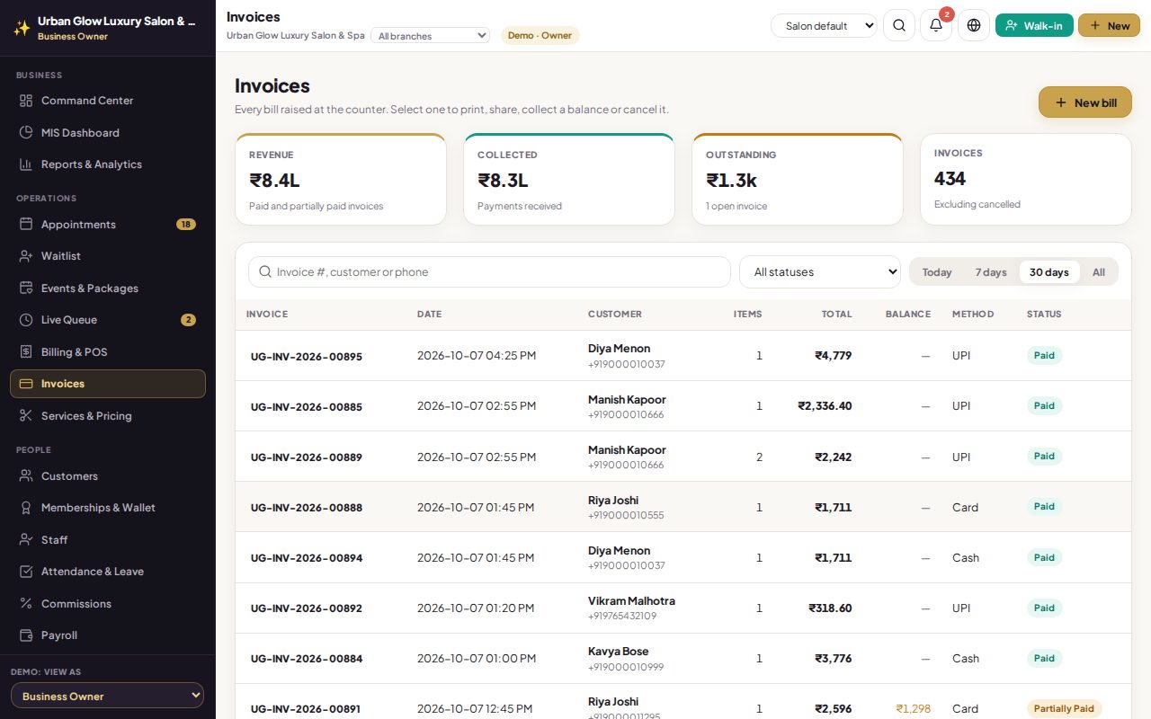 The GlowStack invoices screen with totals and a list of bills.