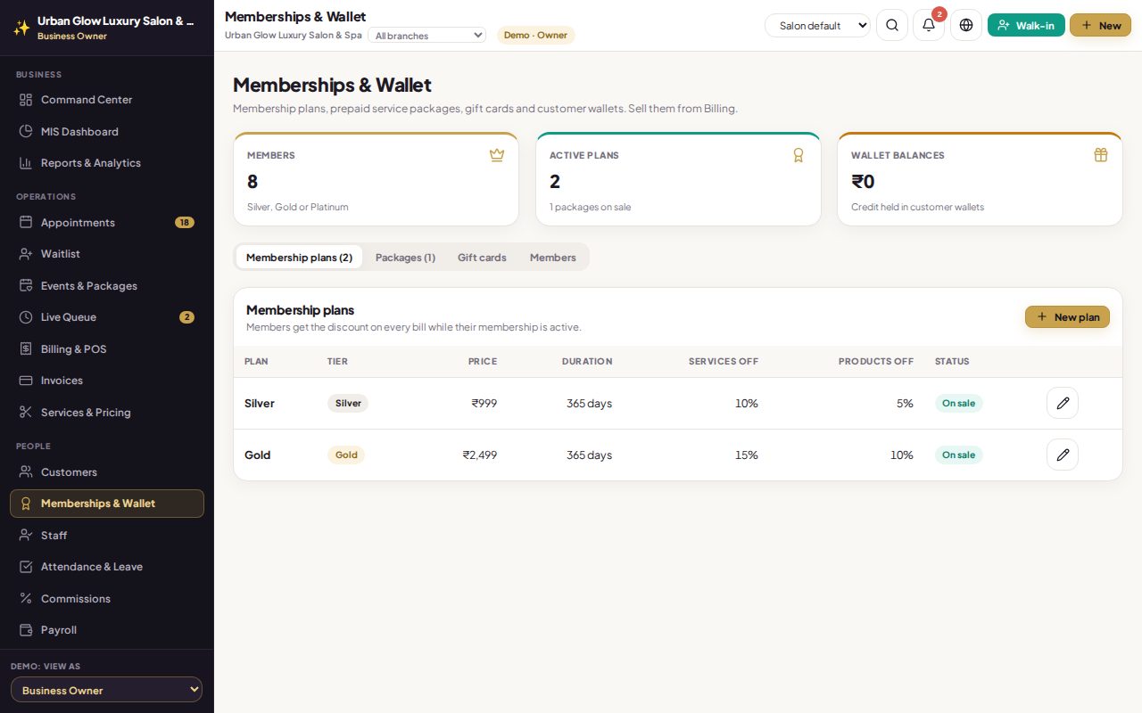 The GlowStack memberships and wallet screen with membership plans and a package.