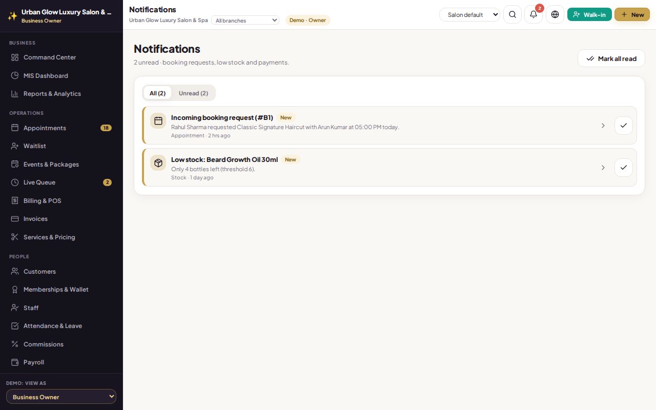 The GlowStack notifications screen.