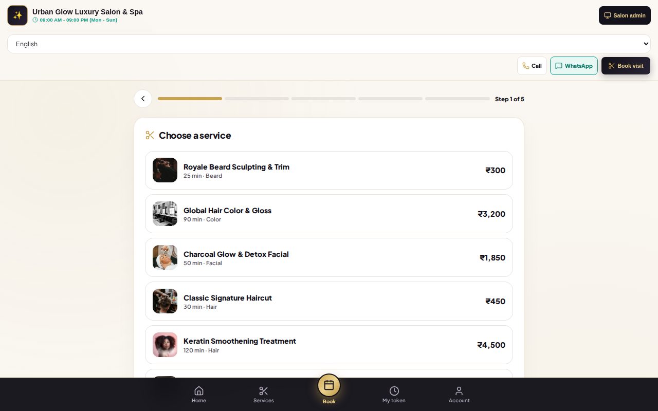 The GlowStack customer booking site: choose a service, a stylist and a free time.
