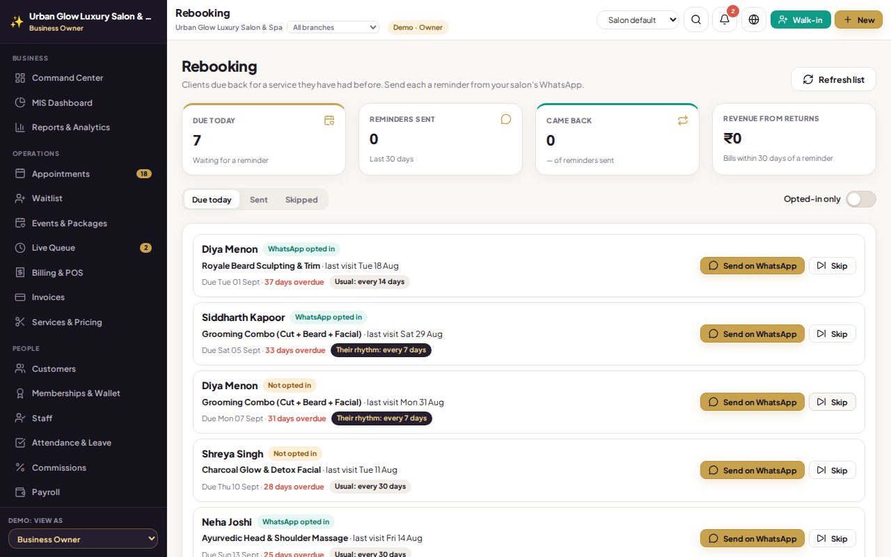 The GlowStack rebooking screen listing customers due back today.