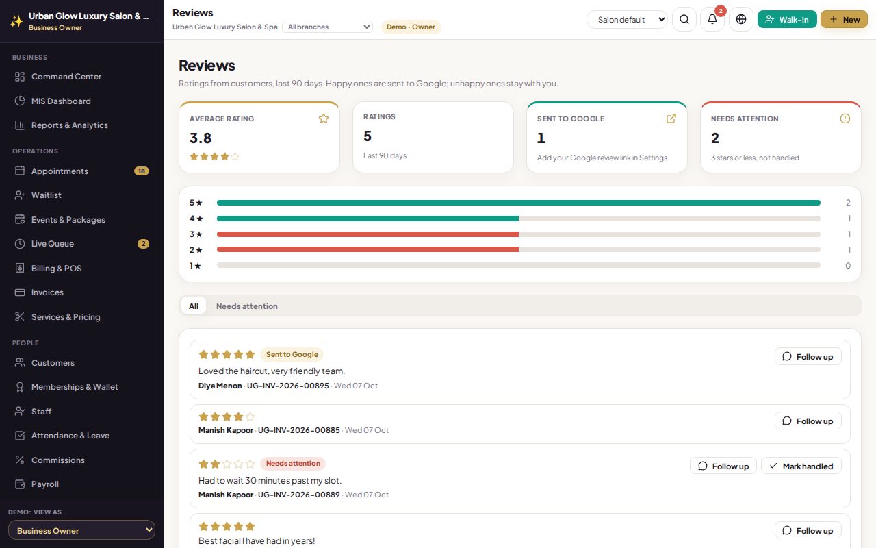 The GlowStack reviews screen with an average rating and recent reviews.