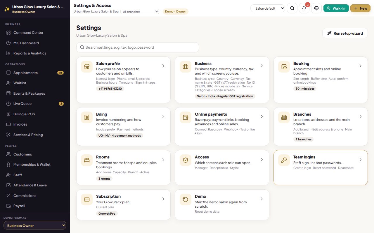 The GlowStack settings screen.