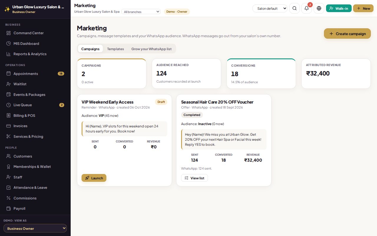 The GlowStack marketing screen with campaigns.