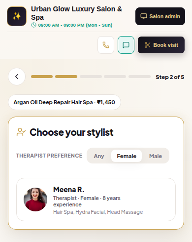 The GlowStack customer booking site on a phone: choose your stylist, with Any, Female and Male therapist preference.